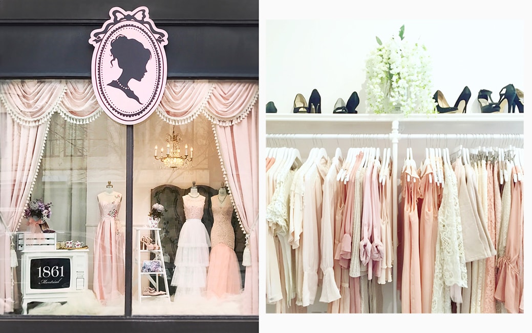 a store front with a window and a display of dresses